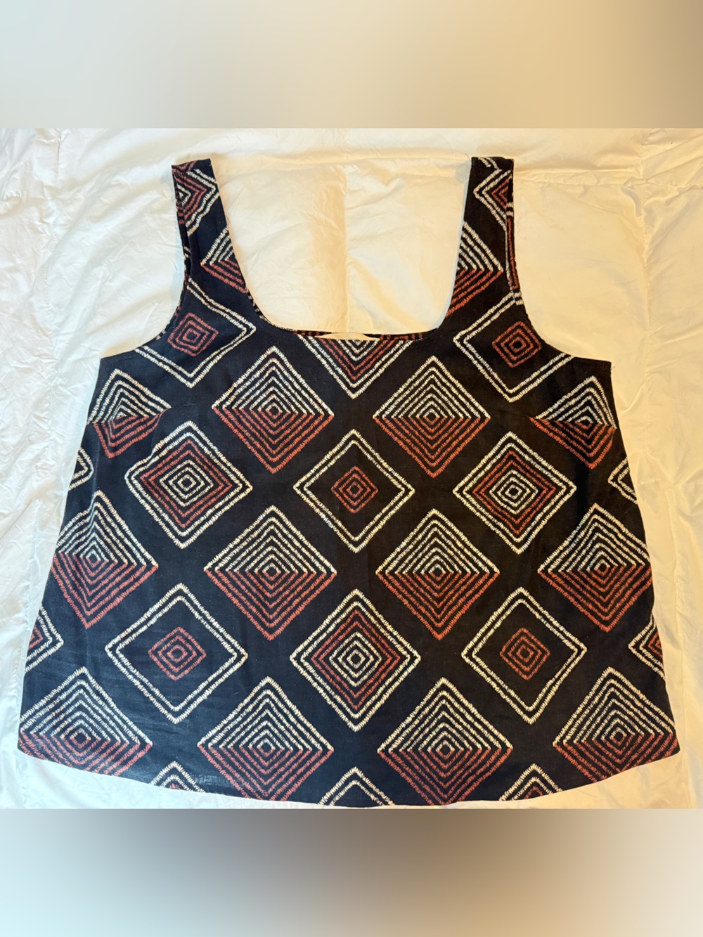 LOFT Black Sleeveless Top with Cream & Rust Geometric Stripes Medium
